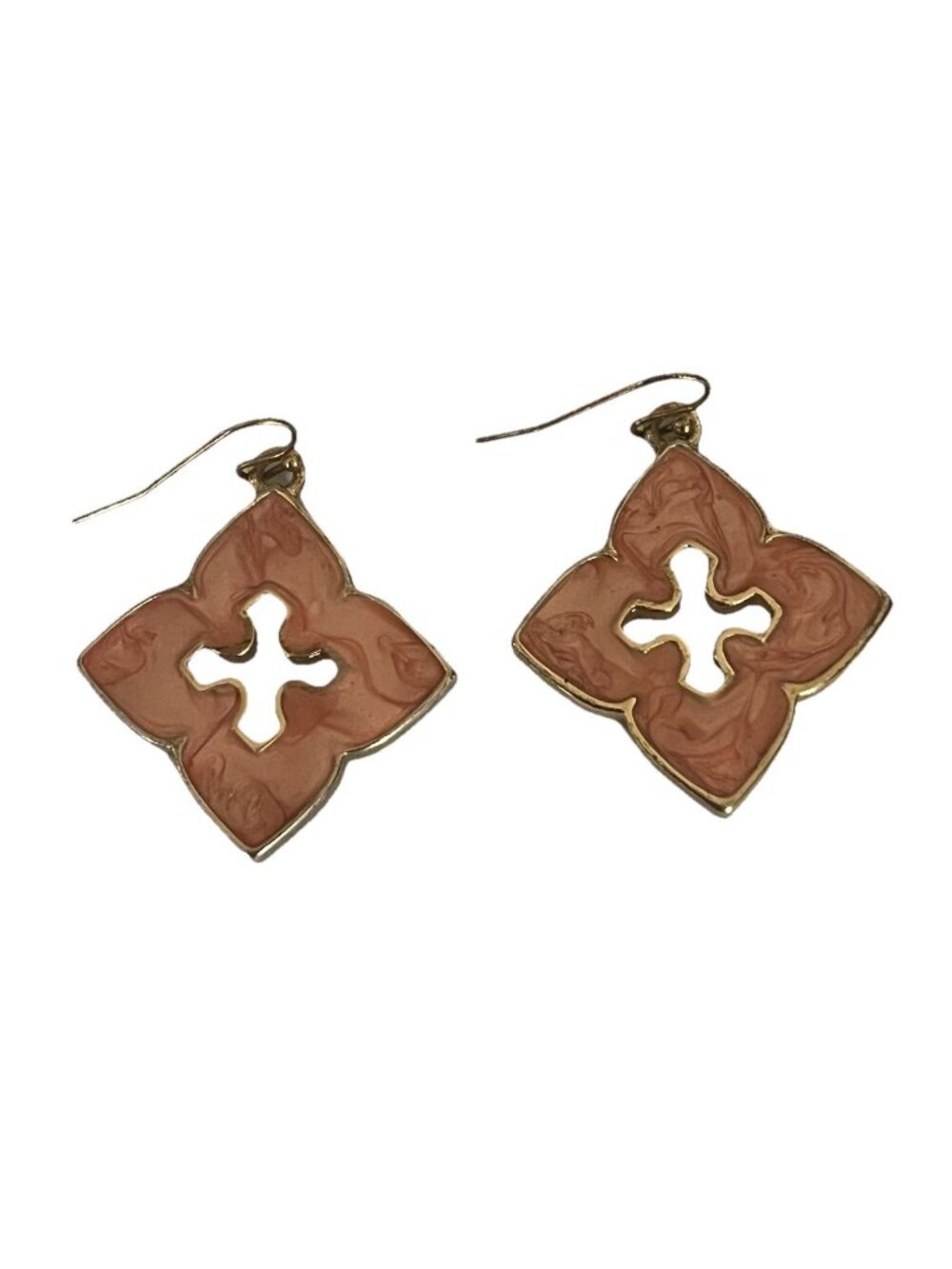 Pink Marbled Quatrefoil Dangle Earings Gold Tone Reversible Abalone Shell